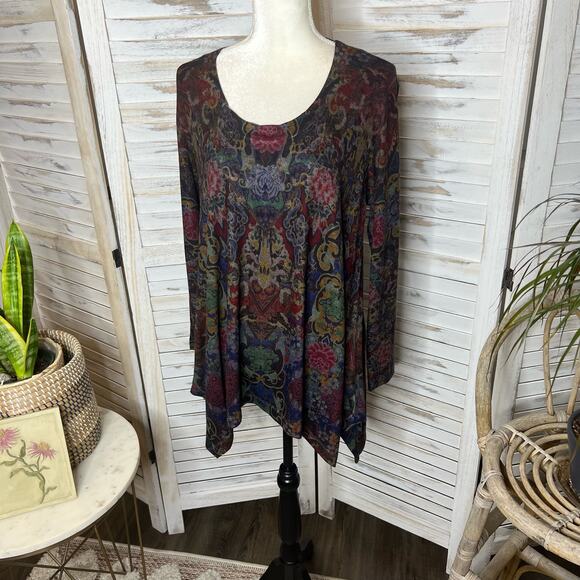 SOFT SURROUNDINGS Women's Pet L Poppy Feild Printed Dark Floral Tunic Top - Picture 6 of 16